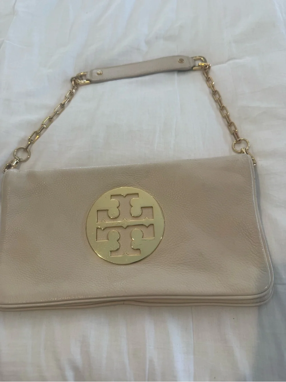 Tory Burch Ivory/Beige Pebbled Leather Shoulder Bag with Gold Logo